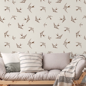 White beige wallpaper with flying birds pattern, self adhesive, peel and stick wall mural
