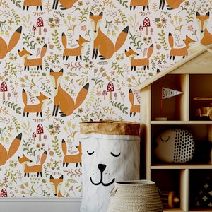Wallpaper with fox, leaf and mushroom pattern || For Kids, self adhesive, peel and stick wall mural