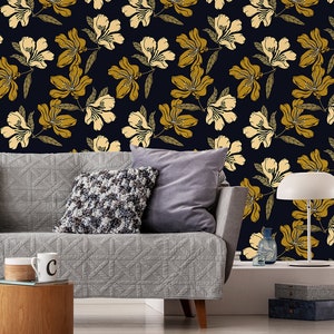 Black wallpaper with yellow blooming flower pattern, self adhesive, peel and stick floral wall mural