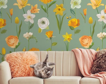 Green wallpaper with orange spring flowers || self adhesive, peel and stick wall mural