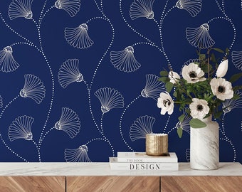 Navy Art Deco Geometric Floral Wallpaper, Dotted Pattern, Abstract Print • Peel and Stick *self adhesive* or Non-Pasted Vinyl Materials