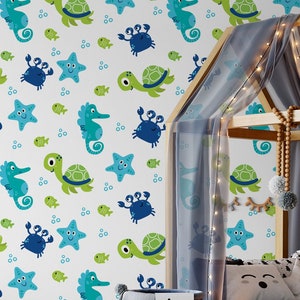 White wallpaper with blue and green sea animal pattern || For Kids, self adhesive, peel and stick wall mural