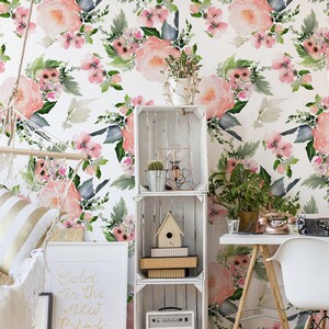 Floral wallpaper with aquarelle pink flowers & green leaves, self adhesive, peel and stick floral wall mural