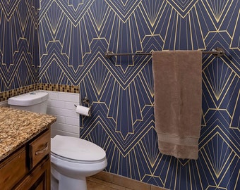 Navy & Yellow Art Deco Patterned Geometric Wallpaper, Dark Blue Pattern • Peel and Stick *self adhesive* or Non-Pasted Vinyl Materials