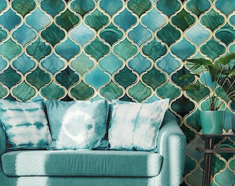 Turquoise Moroccan Art Deco Tile Pattern Wallpaper • Peel and Stick *self adhesive* or Non-Pasted Vinyl Materials