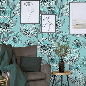 Blue dahlia flowers wallpaper, blue floral wall mural, botanical wallpaper, self adhesive, removable, temporary peel and stick