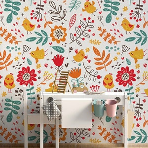 Papel pintado colorido de dibujos animados con flores y pájaros || Para niños, mural de pared autoadhesivo, despegable y pegado.