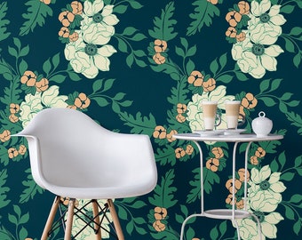 Botanical wallpaper, abstract floral wallpaper, self adhesive, removable, temporary peel and stick, floral wall mural