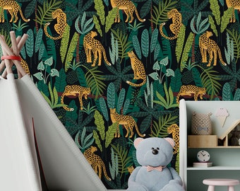 Jungle wallpaper with leopards, Wallpaper for kids, self adhesive, peel and stick floral wall mural