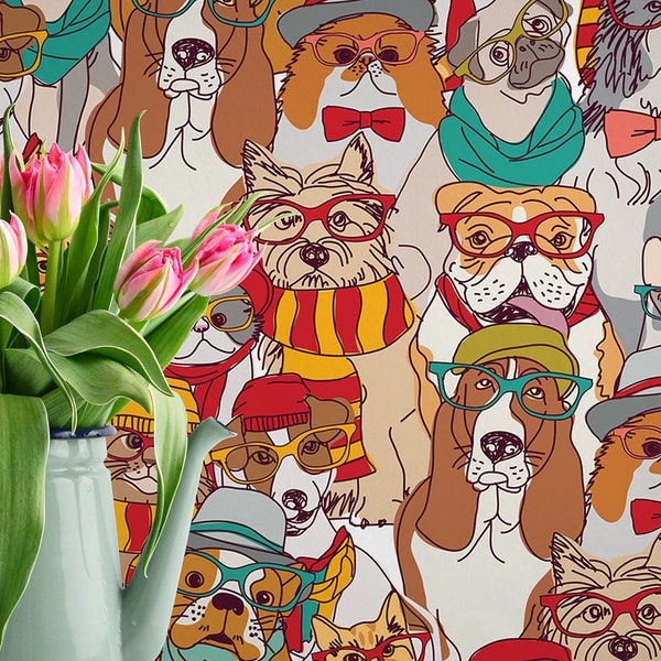 Hipster dog and cat pattern wallpaper || For Kids, self adhesive, peel and stick wall mural