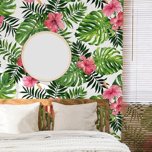 Pink hibiscus & tropical leaves, Botanical wallpaper, self adhesive, removable, temporary peel and stick, floral wall mural