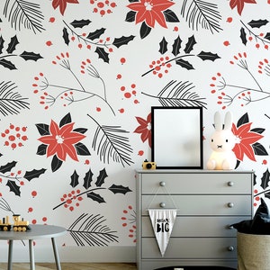 Black red white floral pattern wallpaper || For Kids, self adhesive, peel and stick wall mural