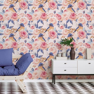 Wallpaper with pink roses and blue birds, self adhesive, peel and stick wall mural