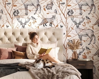 Wallpaper with fox, hare, deer, bird and squirrel, animal wall art, home decor, peel and stick *self adhesive* or traditional vinyl paper