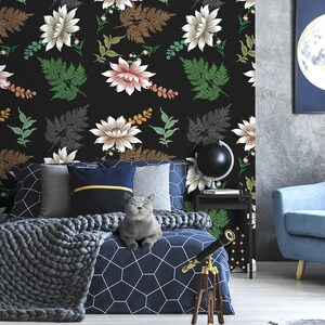 Black wallpaper with flowers and leaves, self adhesive, peel and stick floral wall mural