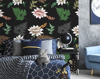 Black wallpaper with flowers and leaves, self adhesive, peel and stick floral wall mural