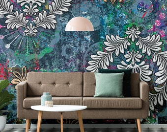 Wallpaper with colorful floral abstraction, self adhesive, peel and stick floral wall mural