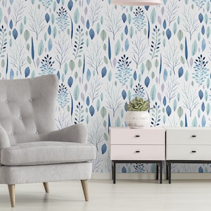White wallpaper with small blue leaves, self adhesive, peel and stick wall mural