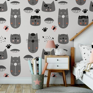 White wallpaper with funny gray cat pattern || For Kids, self adhesive, peel and stick wall mural