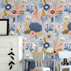 Blue wallpaper with colorful cartoon floral pattern || For Kids, self adhesive, peel and stick floral wall mural