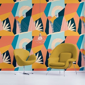 Blue and orange abstract shapes wallpaper, self adhesive, peel and stick wall mural
