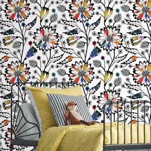 White wallpaper with colorful abstract floral pattern, self adhesive, peel and stick floral wall mural