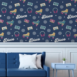 May include: A blue couch with a white pillow in front of a wall with a blue and white wallpaper featuring a repeating pattern of roller skates, cassette tapes, headphones, and the word "Disco" in a retro font.