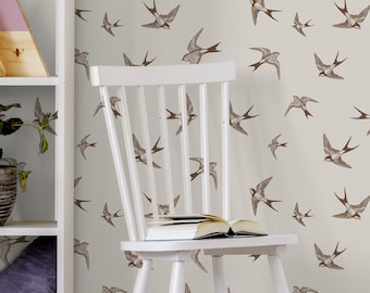 Light beige wallpaper with flying swallow pattern || For Kids, self adhesive, peel and stick wall mural