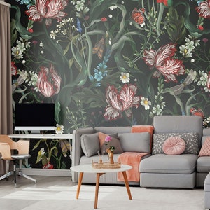 Papier peint tulipes sombres, décor botanique, jardin sombre, imprimé floral, peinture murale florale foncée || Papier peint autocollant à décoller et à coller