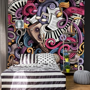 Music enthusiast cartoon style wallpaper, self adhesive, peel and stick wall mural