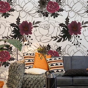 White and red roses matte wallpaper, botanical mural || self adhesive, peel and stick wall mural