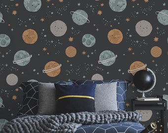 Nursery Space Wallpaper, Planet Pattern, Kids Room Wall Mural • Peel and Stick *self adhesive* or Non-Pasted Vinyl Materials