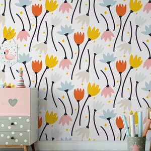 Petit papier peint à motif de tulipe de dessin animé || Pour les enfants, papier peint auto-adhésif, décollez et collez