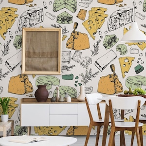 Kitchen and dining room wallpaper with cheese and herb pattern || self adhesive, peel and stick wall mural