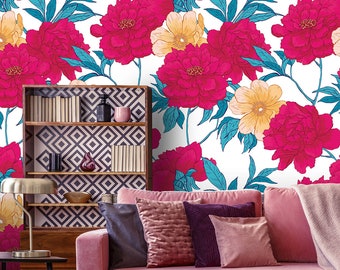 Botanical wallpaper, peony wallpaper, self adhesive, removable, temporary peel and stick, floral wall mural