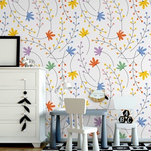 White wallpaper with colorful decorative flowers || For Kids, self adhesive, peel and stick wall mural