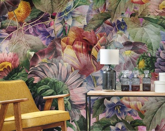 Colorful vintage floral wallpaper with tulips || peel and stick wall mural
