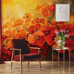 Oil painted orange meadow wallpaper || peel and stick floral wall mural