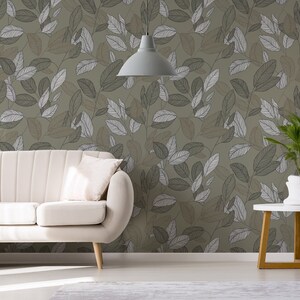 Dark faded olive colored leaf pattern wallpaper || self adhesive, peel and stick wall mural