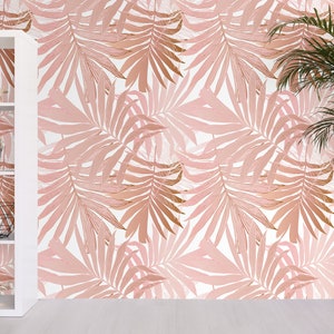Summer wallpaper with pastel pink palm leaves, self adhesive, peel and stick floral wall mural