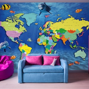 Carta da parati con mappa del mondo sottomarino con pesci e delfini, decorazione autoadesiva da staccare e incollare