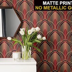 Carta da parati Art Deco di lusso con motivi geometrici vintage rossi e gialli • Materiali staccabili e incollabili *autoadesivi* o vinilici non incollati •