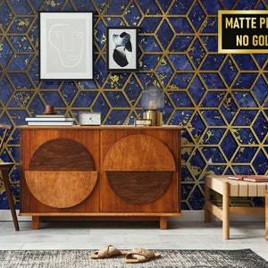 Dunkelblaue, geometrisch-gelbe Tapete mit Art-Deco-Muster • Abziehen und Aufkleben *selbstklebend* oder nicht geklebte Vinylmaterialien •