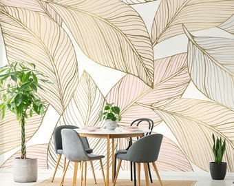 Pastel Art Deco Leaves Wallpaper, Tropical Wall Mural • Peel and Stick *self adhesive* or Non-Pasted Vinyl Materials •
