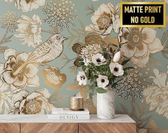 Vintage peony, birds & butterflies, Botanical wallpaper, self adhesive, removable, temporary peel and stick, floral wall mural
