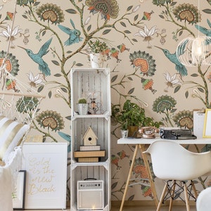 Beige Tapete mit Kolibris und blühenden Zweigen, selbstklebende, florale Wandtapete zum Abziehen und Aufkleben