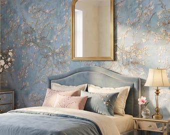 Almond blossom pattern wallpaper, Van Gogh, blue botanical wall mural, wall art, peel and stick *self adhesive* or traditional vinyl paper