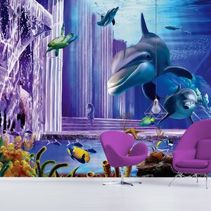Carta da parati Delfini in Atlantide, decorazione murale autoadesiva con motivi floreali stacca e incolla