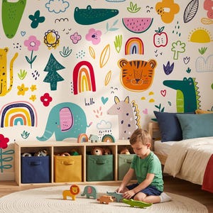 Scandinavian Baby Room Wallpaper, Animals & Rainbows, Nursery Wall Mural, Kids Art • Peel and Stick *self adhesive* or Traditional Vinyl • image 1