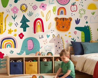 Scandinavian Baby Room Wallpaper, Animals & Rainbows, Nursery Wall Mural, Kids Art • Peel and Stick *self adhesive* or Traditional Vinyl •